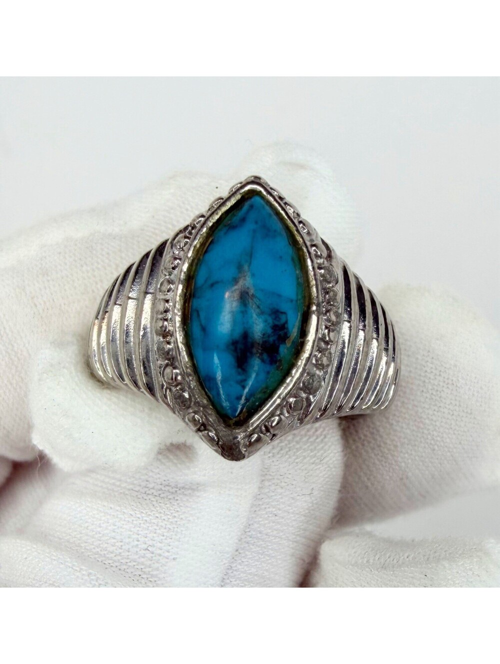 Vintage Marquise Blue Labradorite Statement Ring Ribbed Band Women Size 8.5